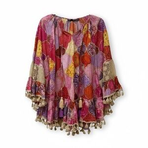 Tolani Collection Ali Boho Tassel Lace Bell Sleeve Top Red Multi XS NEW A376835